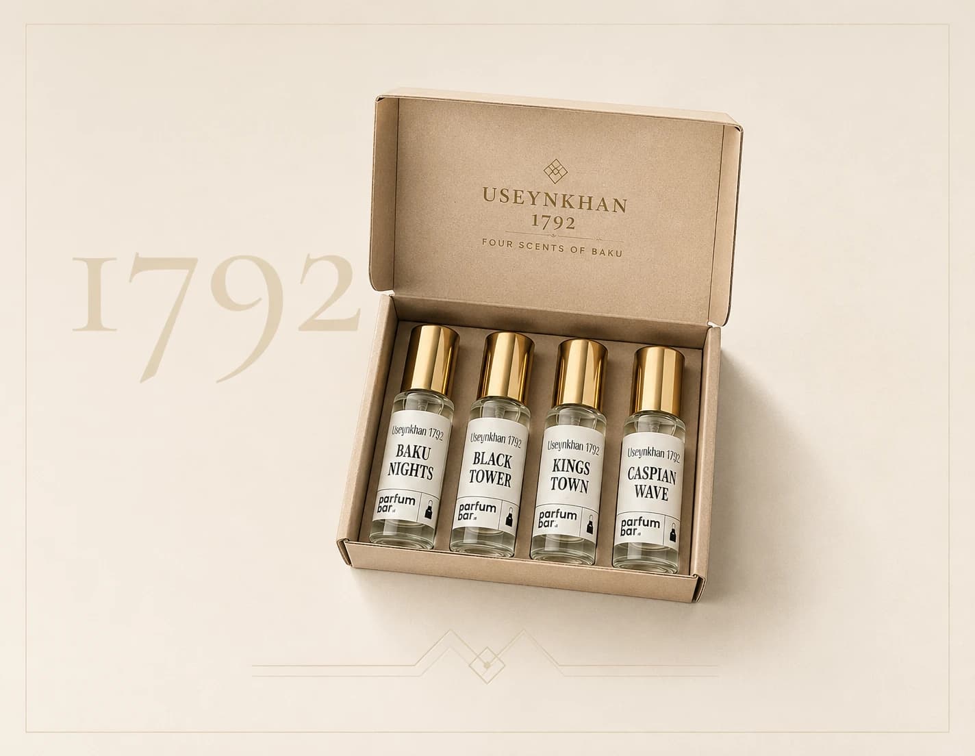 Useynkhan1792 Four Scents of Baku kolleksiyasının açıq qutuda dörd ətiri